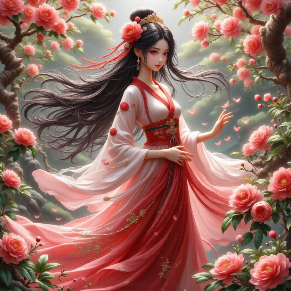 Chinese Princess in Scarlet Hanfu with Peony Hair Adornments