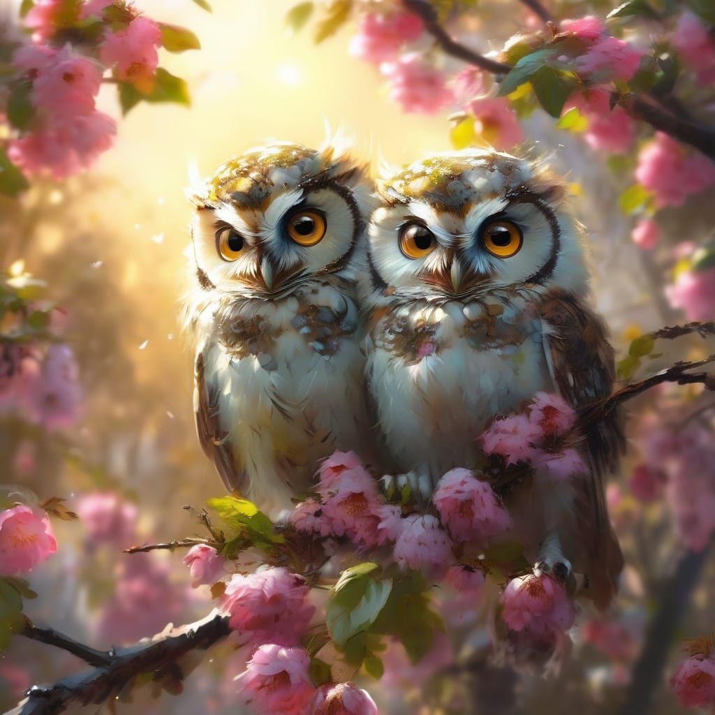 Whimsical Cherry Blossom Owls in Fine Art Style