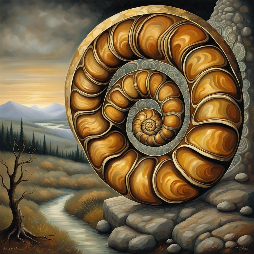 Golden Ammonite Fossil Against a Muted Landscape