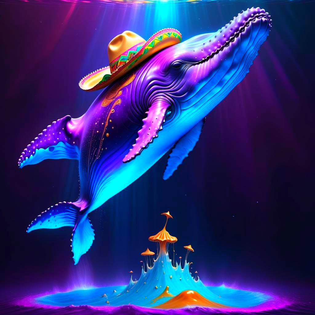 Cosmic Whale in Caramel Sea: Psychedelic Illustration