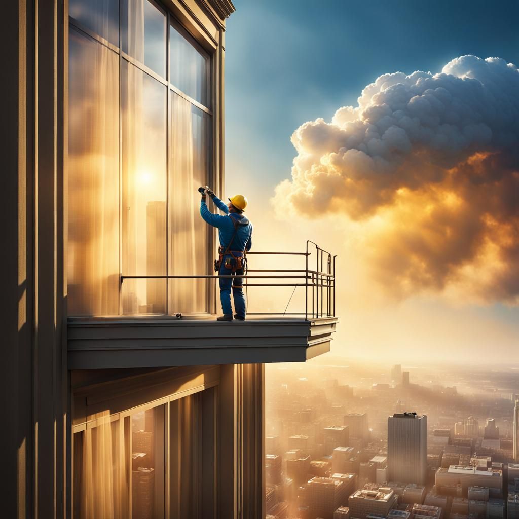 Window Washer Cleans a Cloud: Hyper-Realistic Digital Art