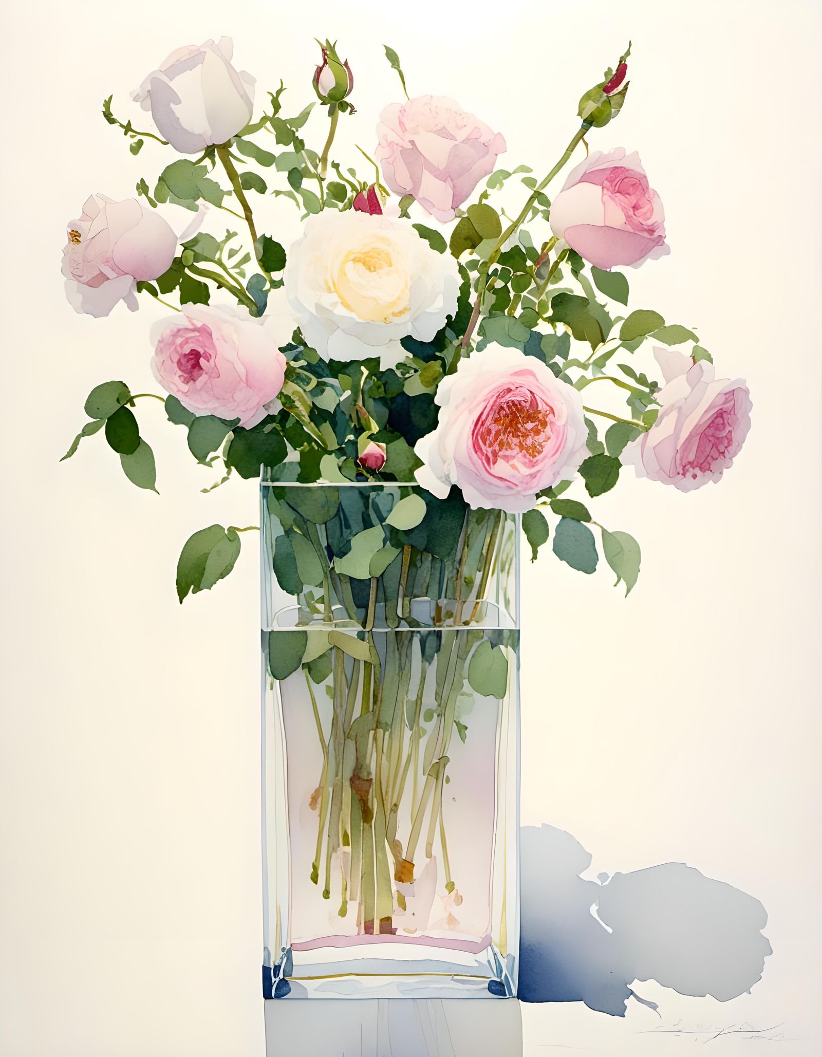 Watercolor Roses in Glass Vase