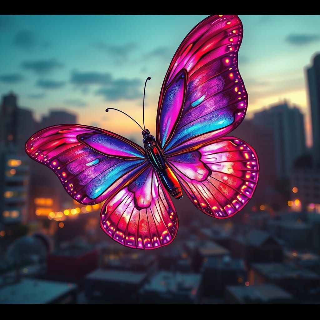 Ethereal Butterfly Emerge from City Shadows in Vibrant Iride...