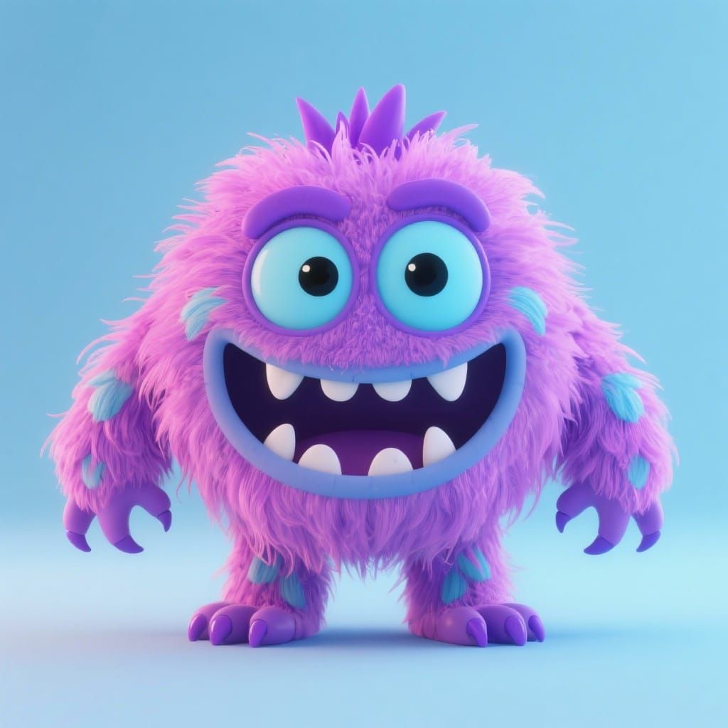Fluffy Purple and Pink Cartoon Monster with Goofy Grin