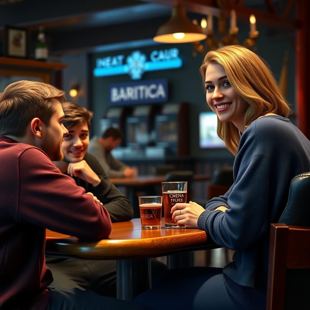 Woman in Pub Talking to Men: 8K Resolution