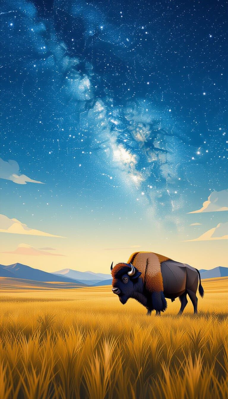 Origami Bison Gazing at Starry Prairie Sky