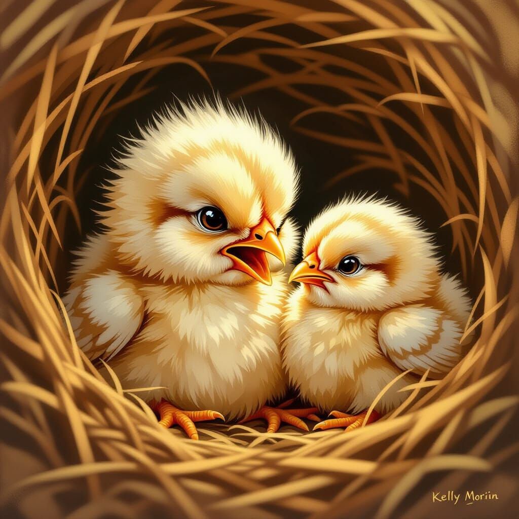 Expressive Chick Scolding Mother in Cozy Nest
