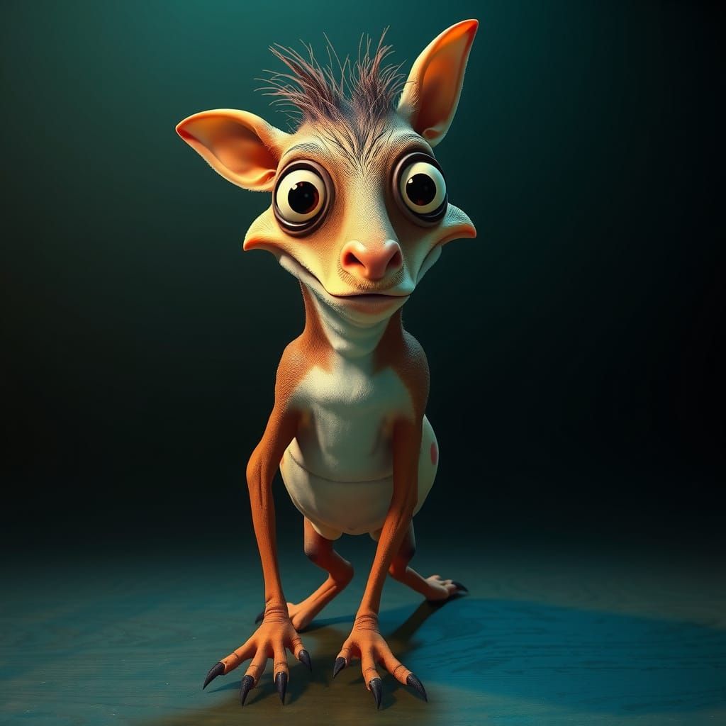 Surreal Animal Caricature with Giant Head and Uneven Legs