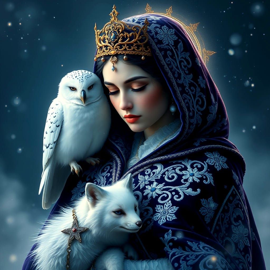 Winter Queen Portrait with Woodland Creatures