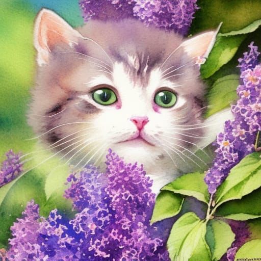 Kitten with Lilacs Watercolor Fantasy Portrait