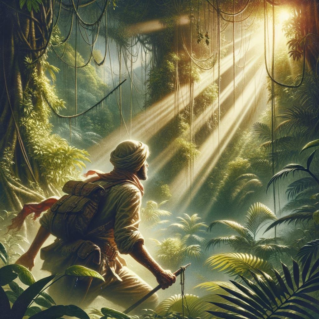 Explorer's Jungle Journey in Vintage Poster Style