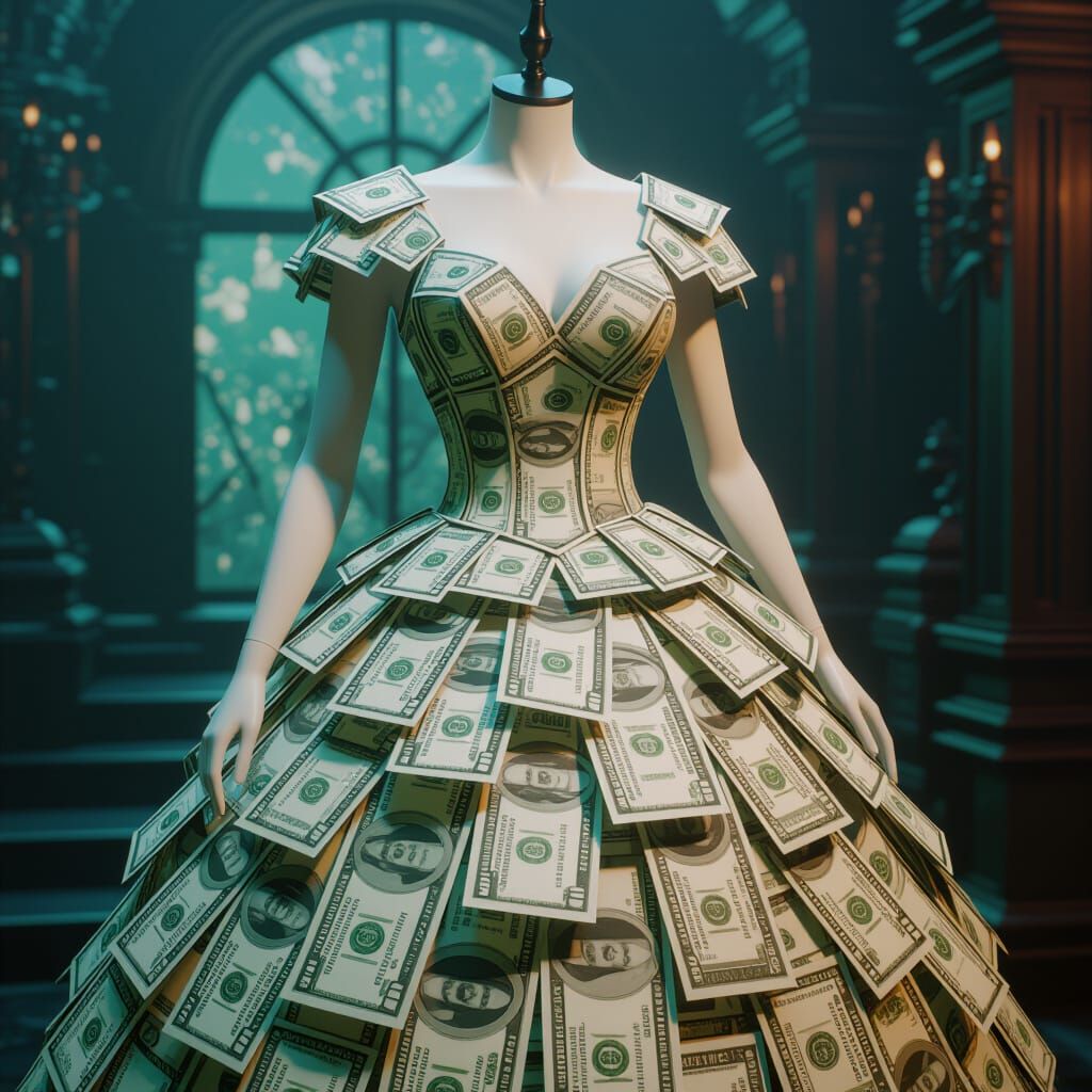 Mannequin Wearing Dress Made of Money