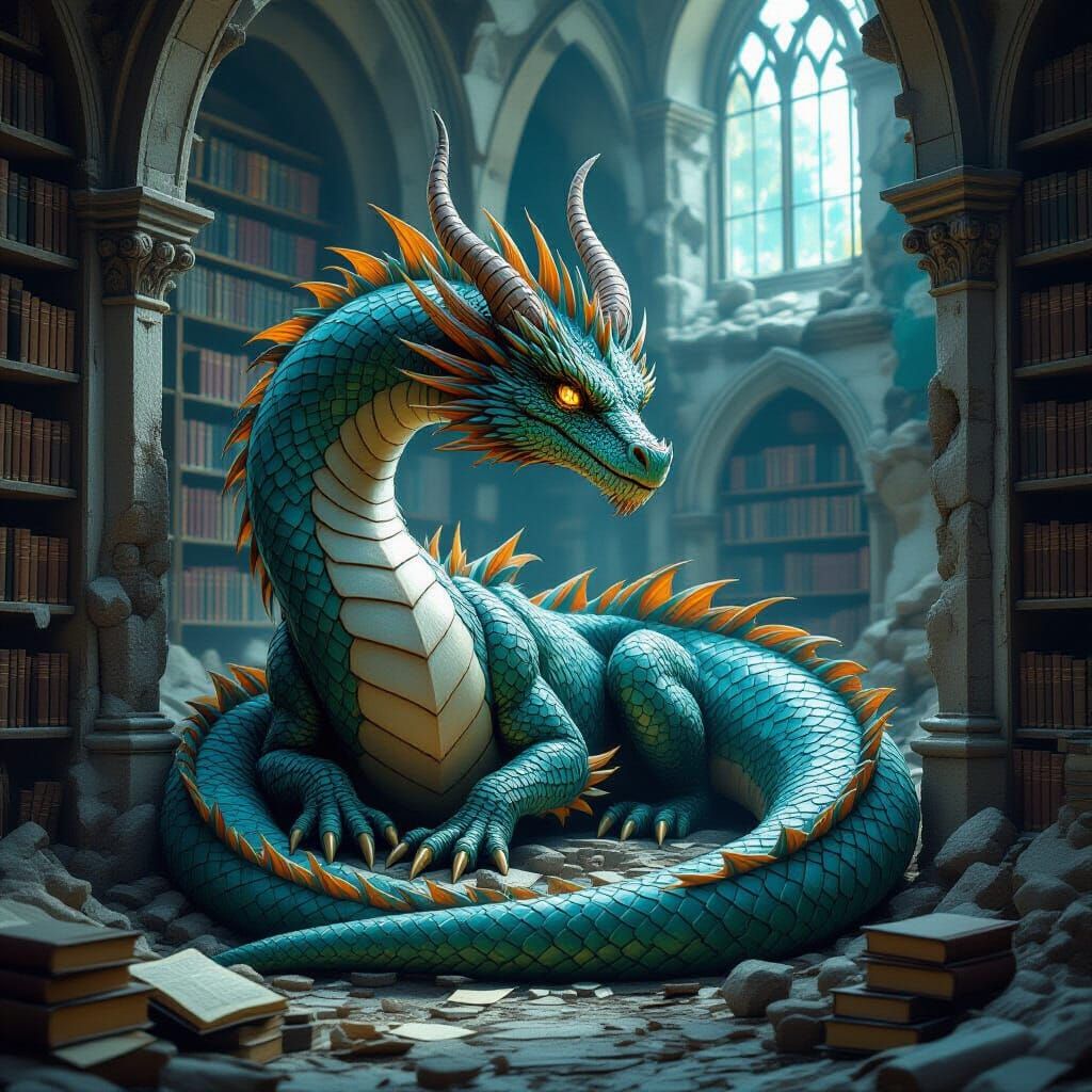 Dragon Curled Around Crumbling Library Ruins