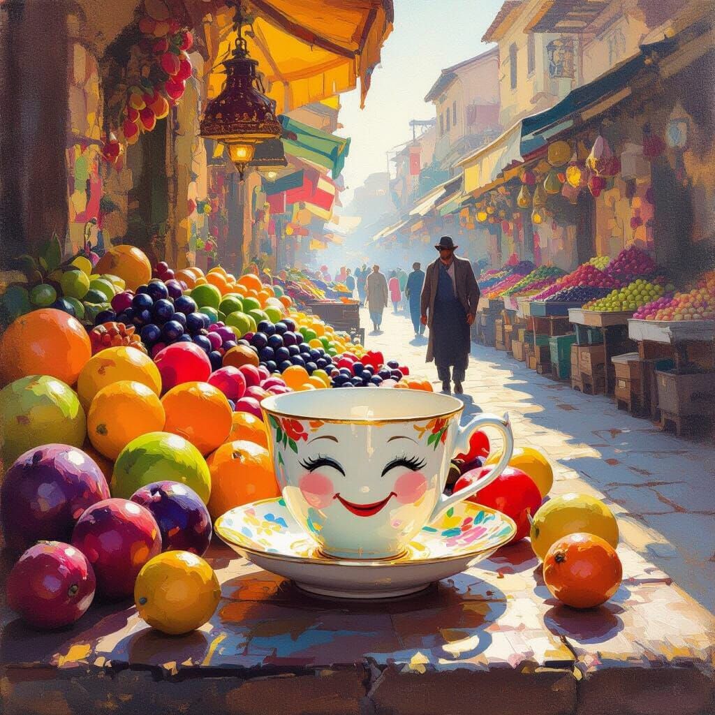 Smiling Teacup Among Exotic Fruits in Impressionist Style