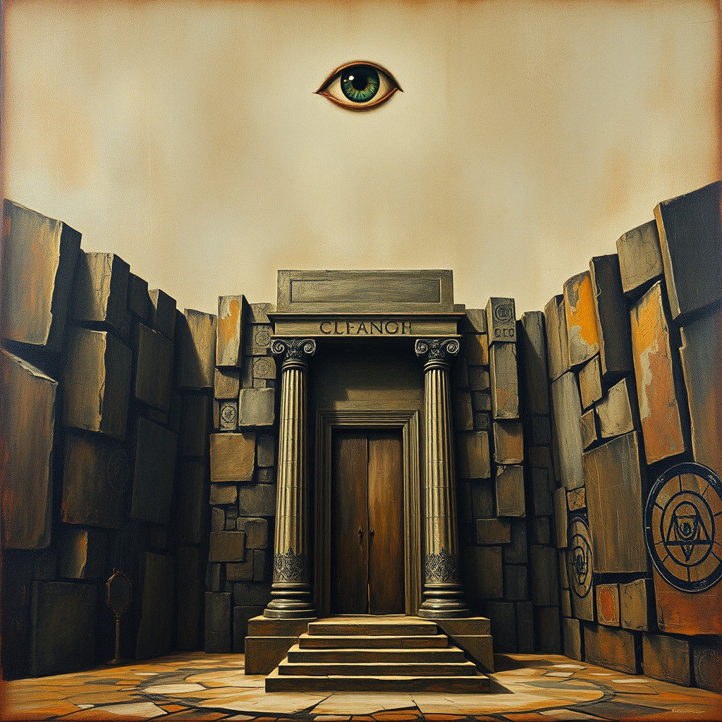 Surreal Eye over Abstract Temple in Impasto Style