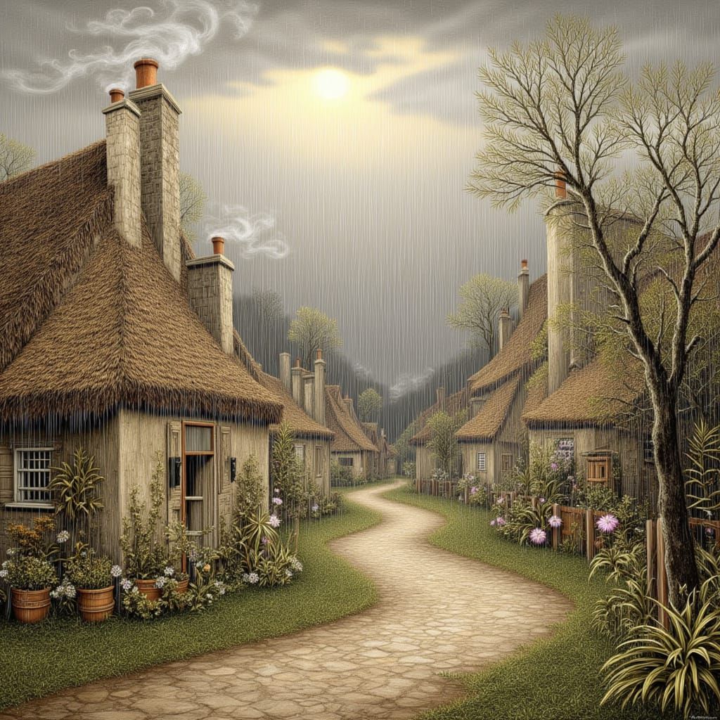 Impressionistic Oil Painting of a Cozy Village in Gentle Rai...