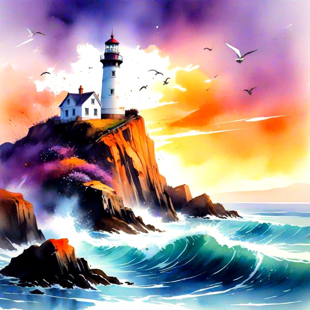 Ethereal Coastal Lighthouse in Dramatic Sunset Palette