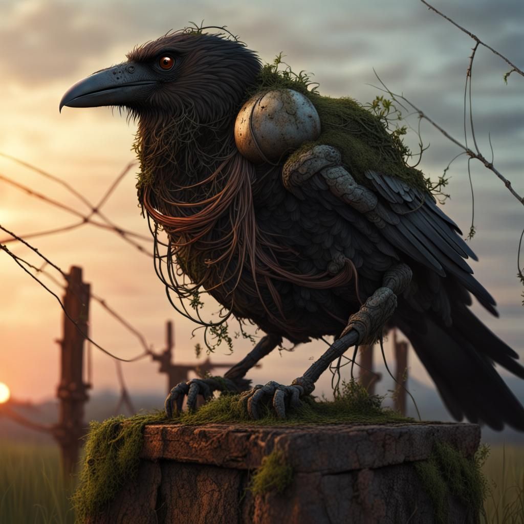 Rusty Cyborg Raven Sunset in Photorealistic Style
