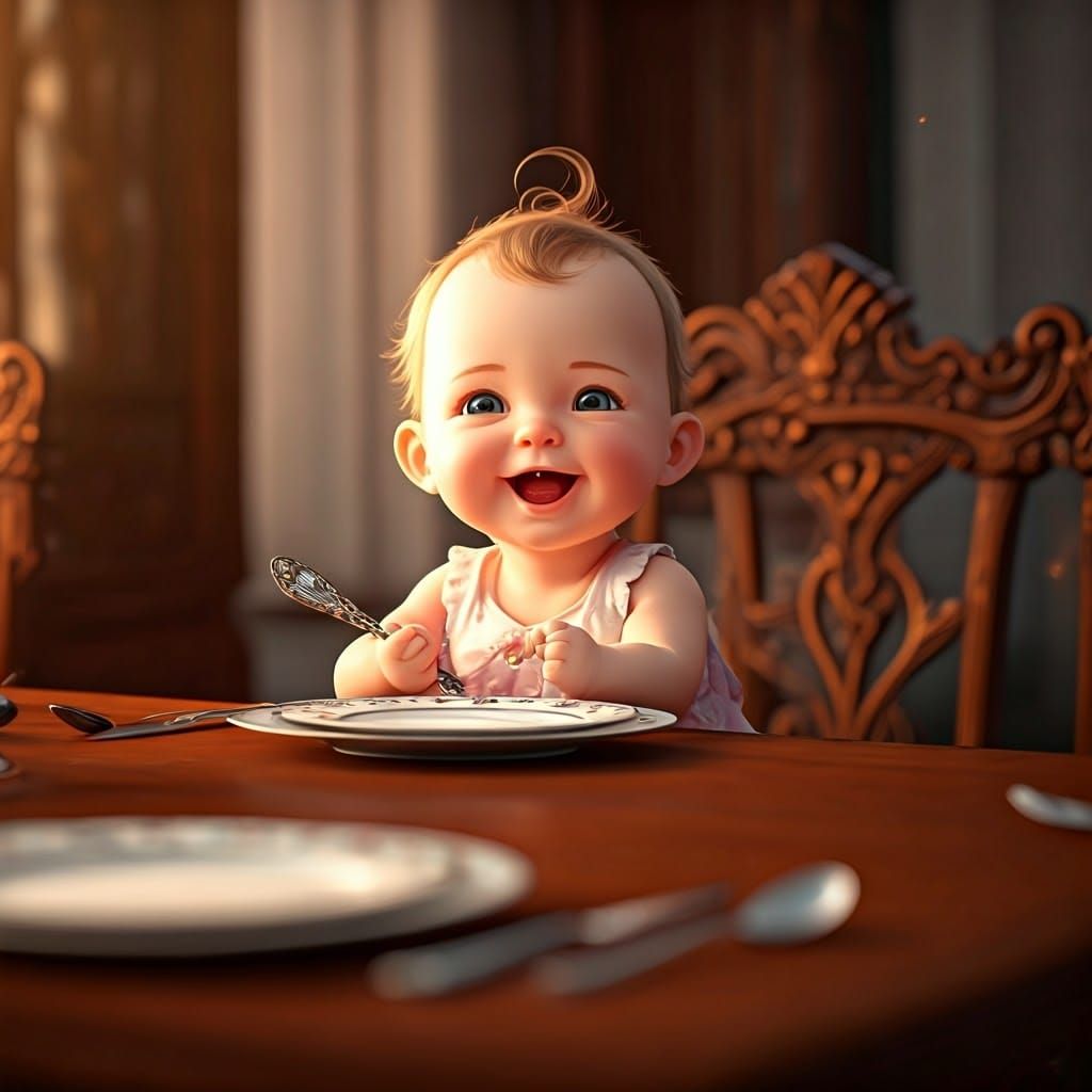 Newborn Baby's Joyful Smile at Ornate Dining Table