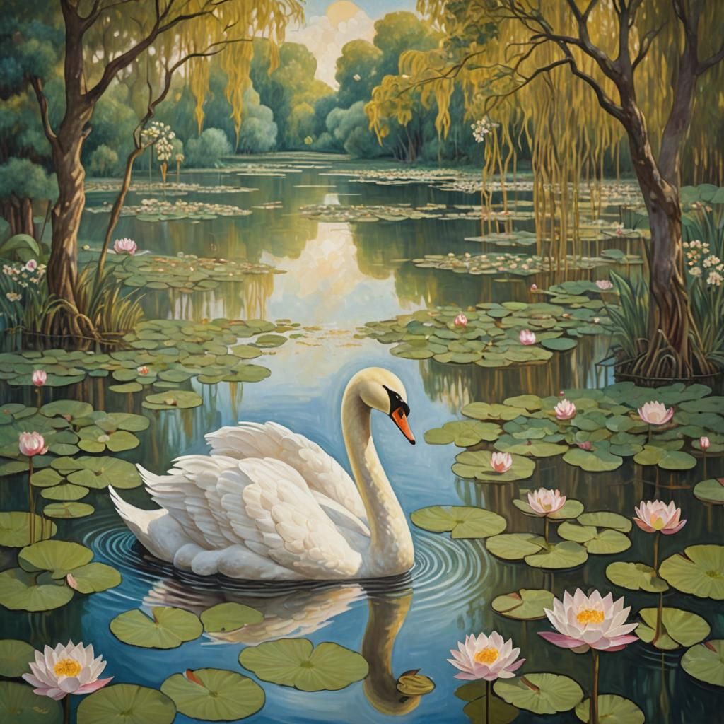 Swan in Pond: Gustav Klimt Style Oil Painting