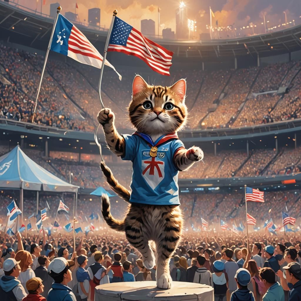 Kitten Celebrates Olympics with Flag