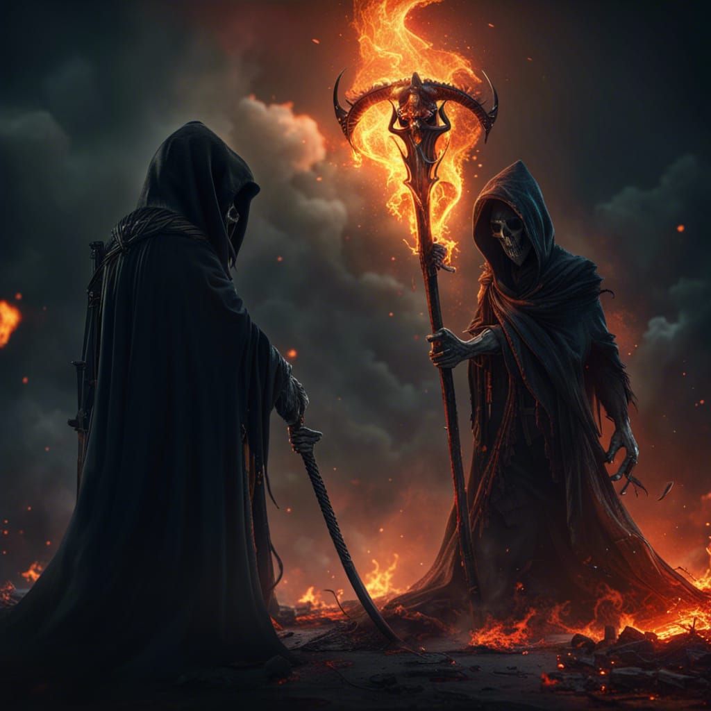 Epic Grim Reaper Scythe Attack in Fiery Scene