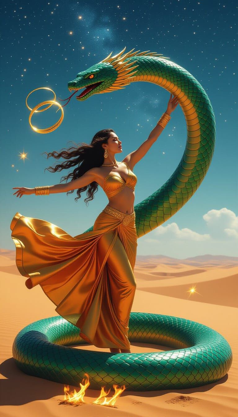 Emerald Serpent Dance Under Starry Desert Sky