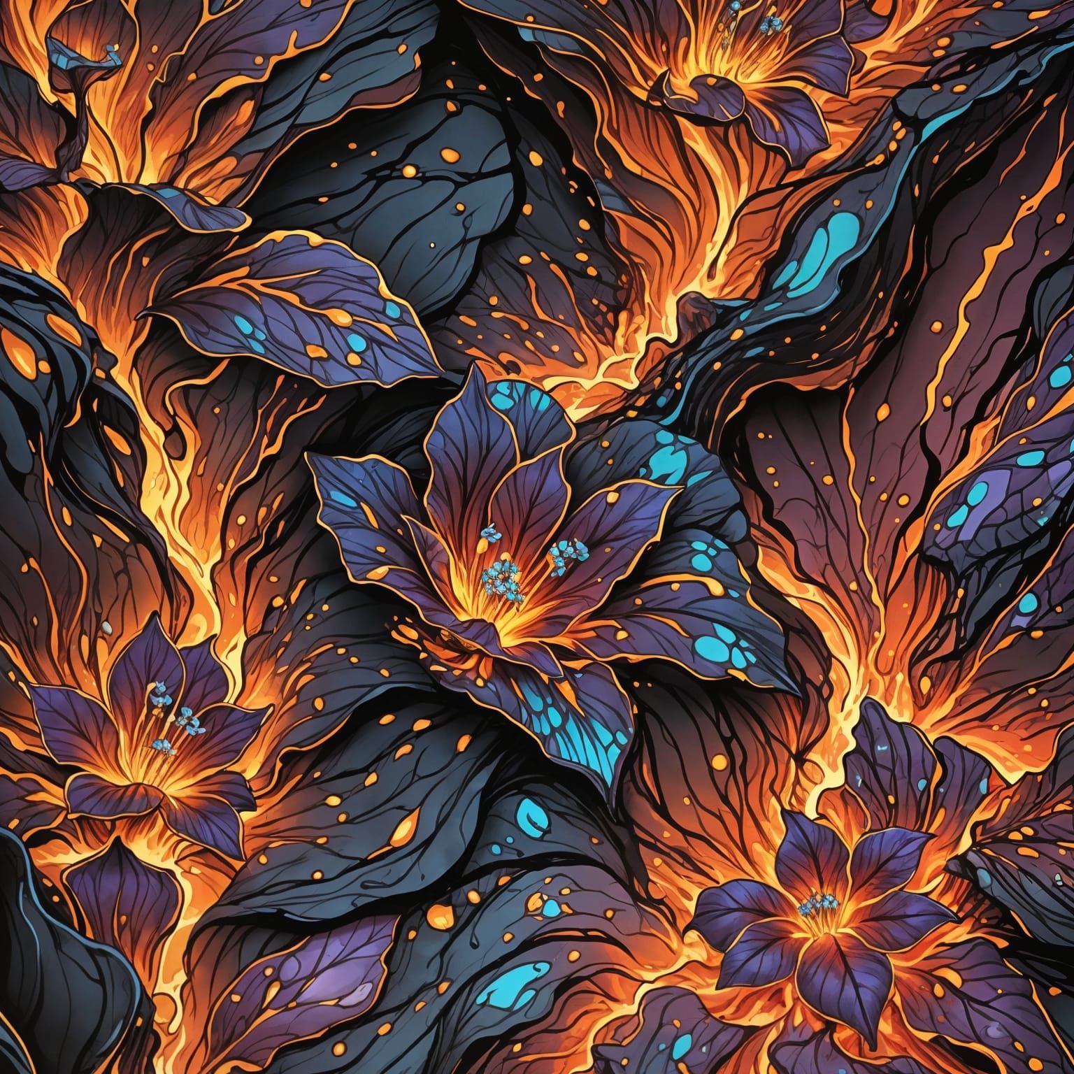 Lava Field with Colorful Flowers in Comic Book Style