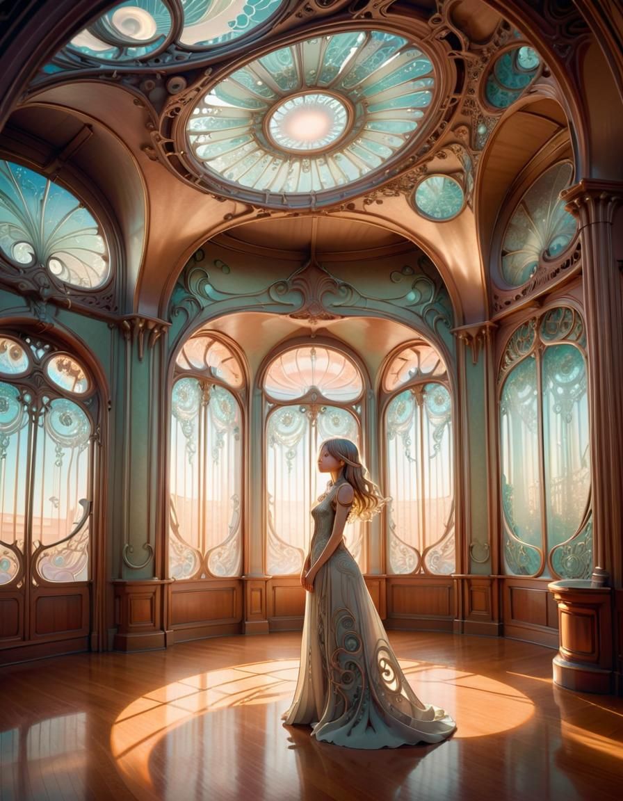 Anime Woman in Art Nouveau Room, Airbrush Art
