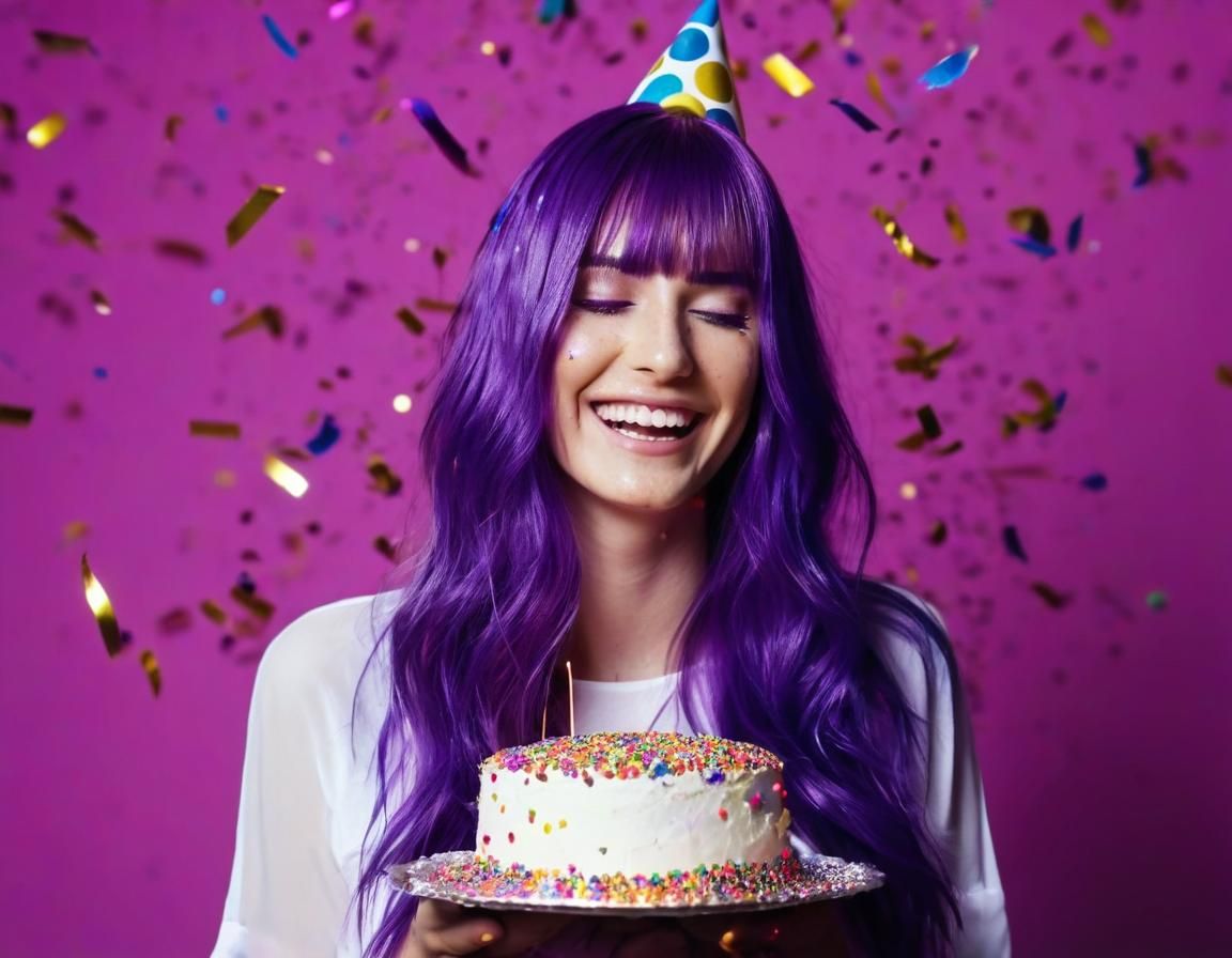 Woman with Purple Hair Celebrates with Cake