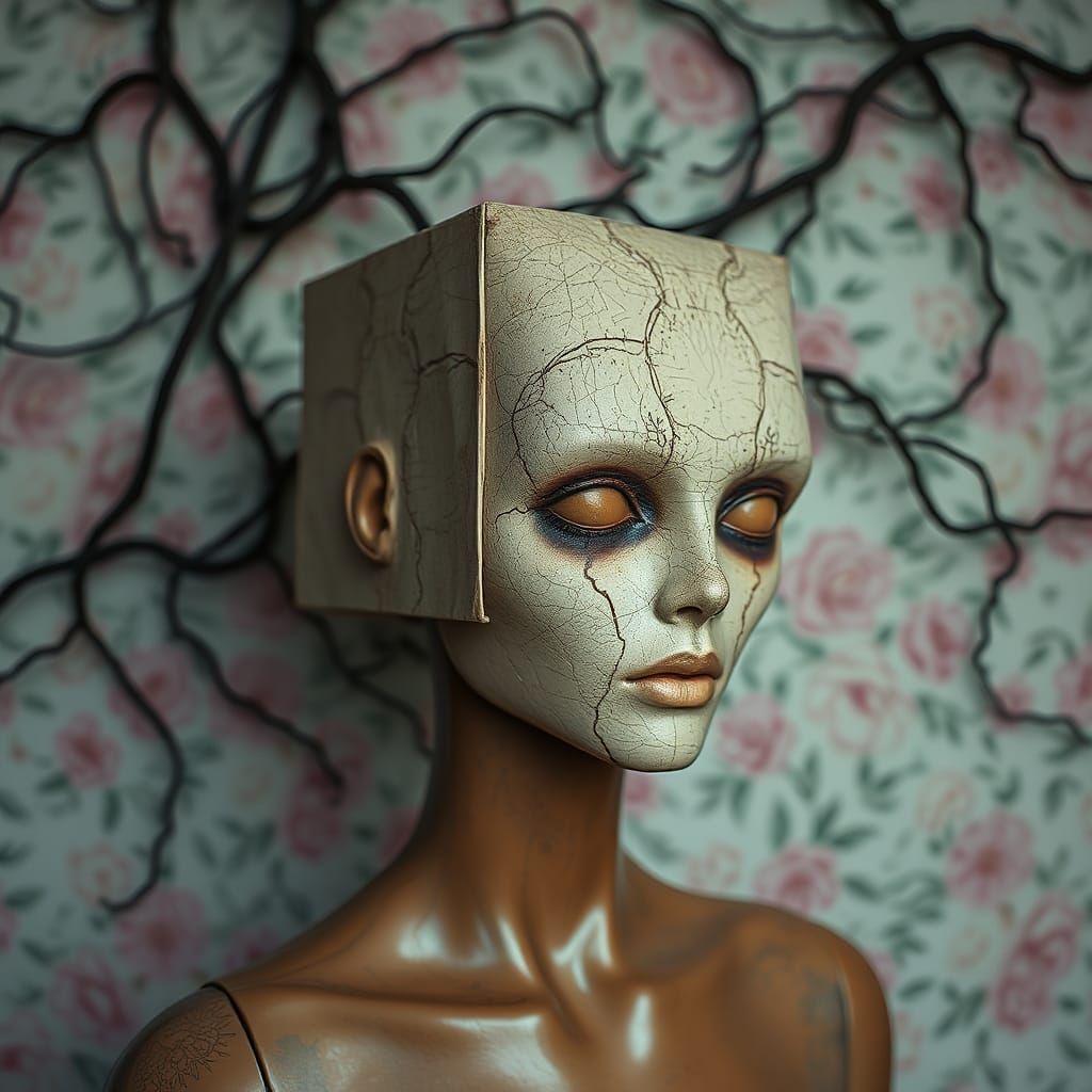 Surreal Retro Mannequin with Floral Backdrop