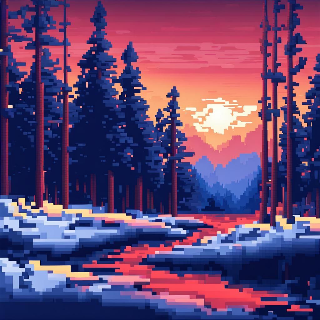 Pixel Art Winter Sunset Forest Scene