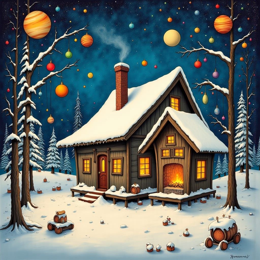 Cozy Cottage in Celestial Klimt Style Landscape