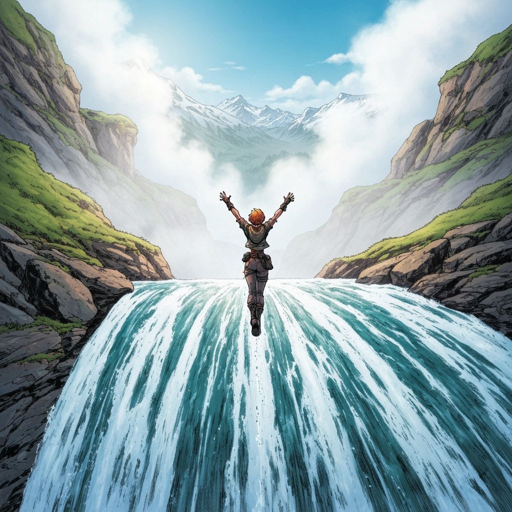 Cinematic Waterfall Dive in Comic Book Art Style