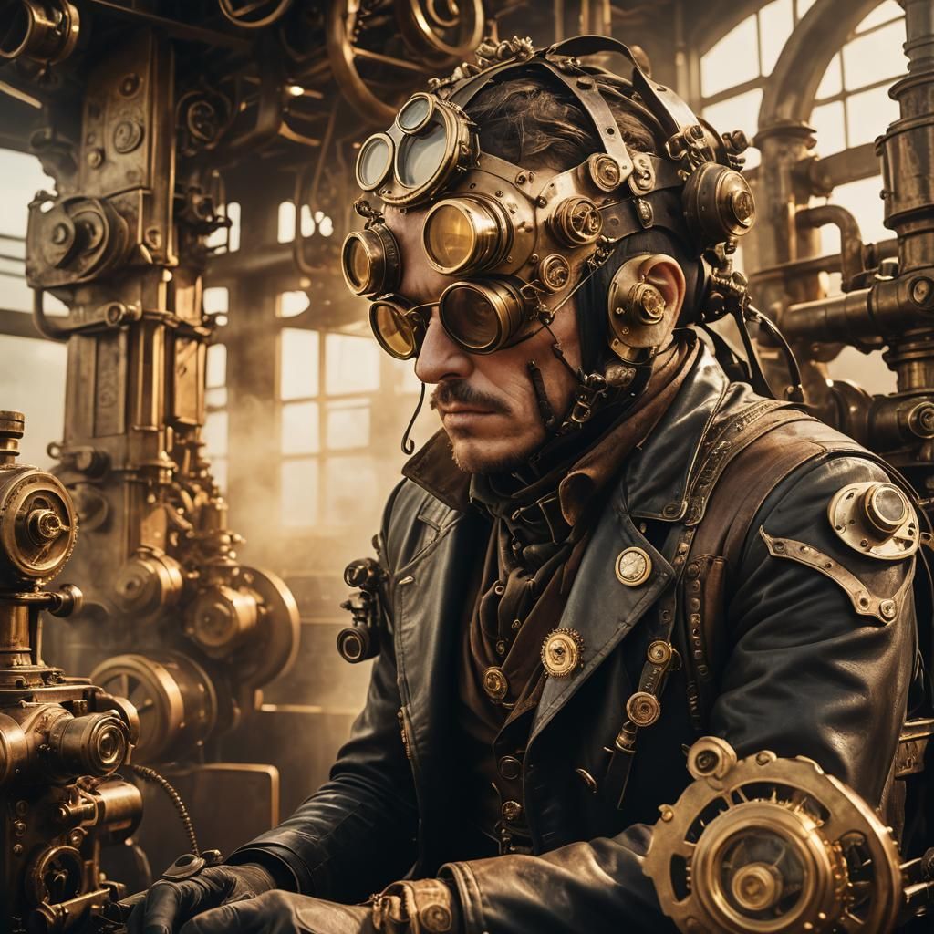 Steampunk Figure Amidst Brass Machinery
