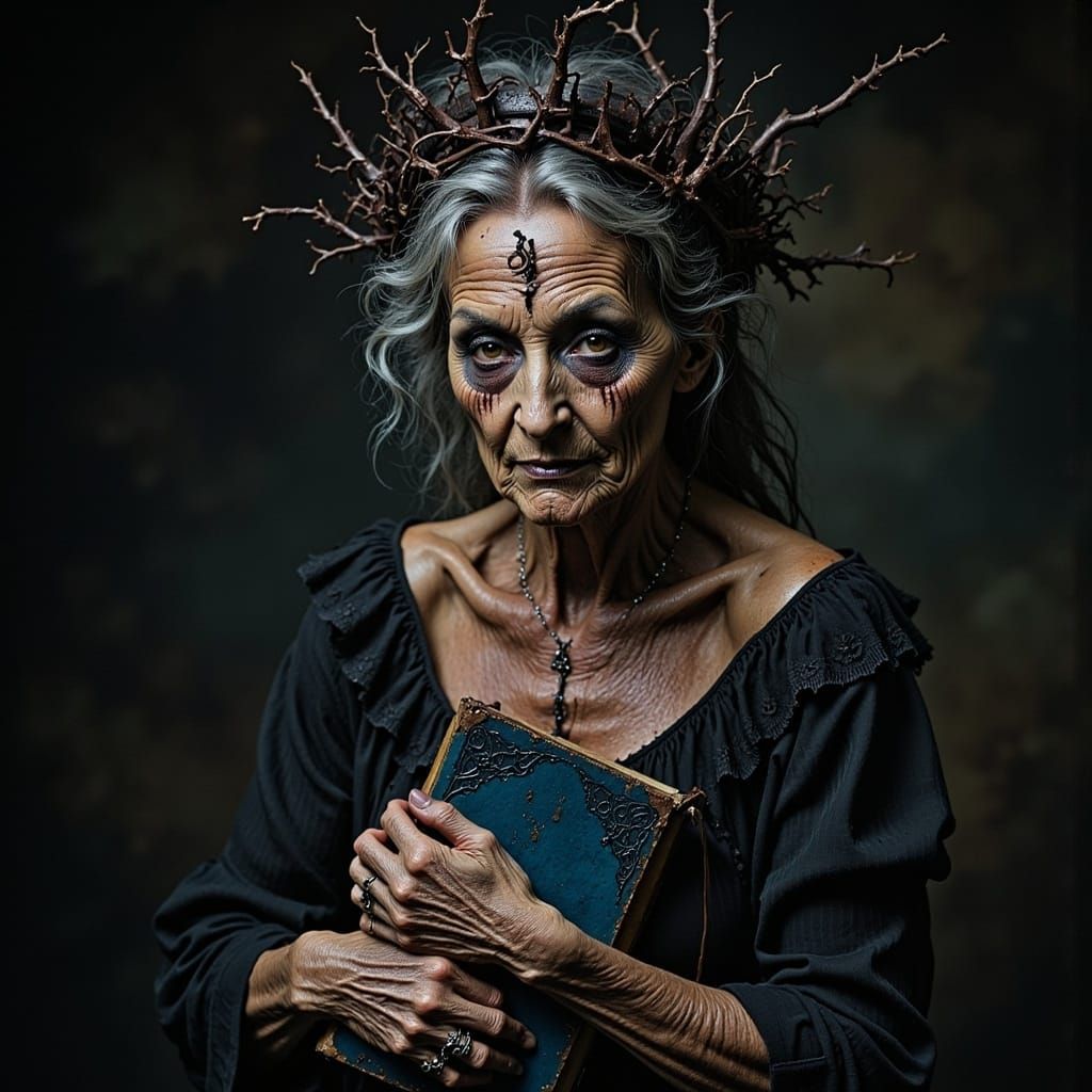 Elderly Woman with Bramble Bush Hair and Diary in Hyper-Deta...