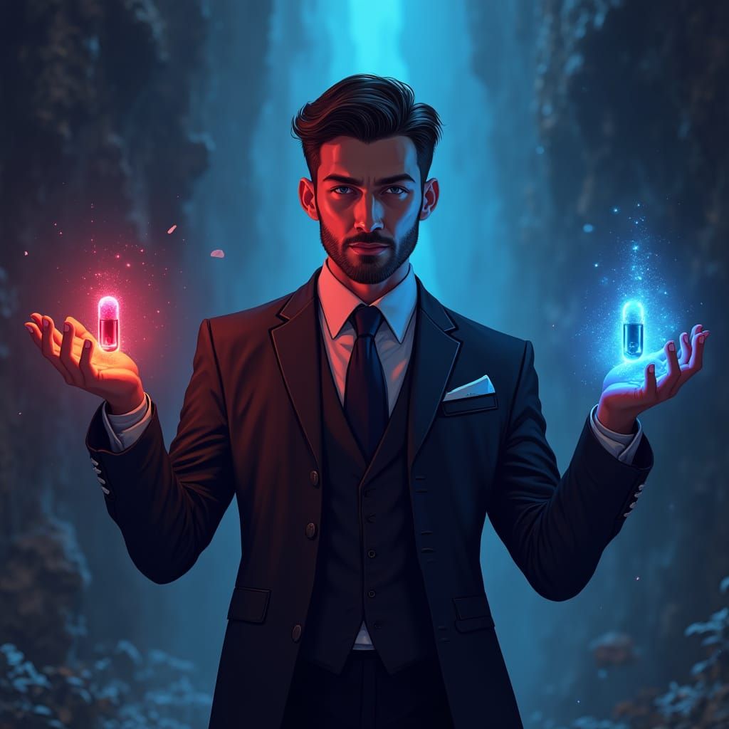 Futuristic Man Holding Glowing Red and Blue Pills in Neon-Li...