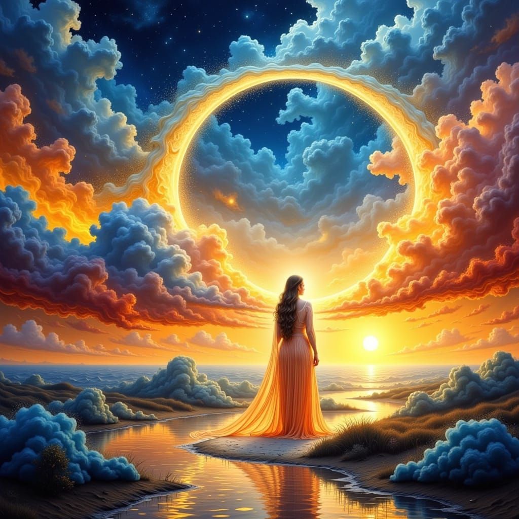 Surrealist Dreamscape with Lone Figure at Threshold