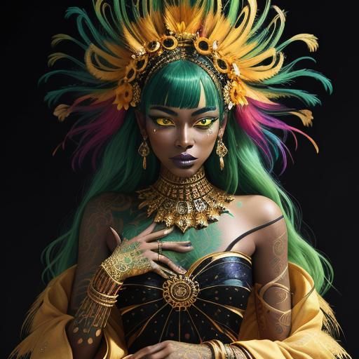 Abstract Portrait: Woman with Gold Skin and Peacock Feathers