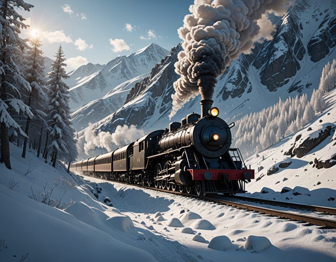 Winter Steam Train on Frozen Mountain Pass