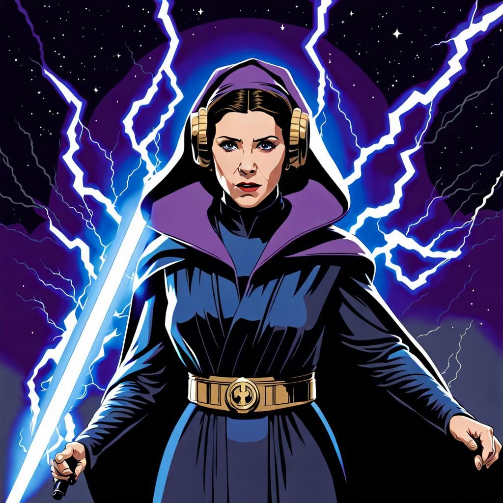Leia uses force lightning, lightning bolts shooting out of wrists, Star Wars. Princess Leia corrupted by Emperor Palpati...