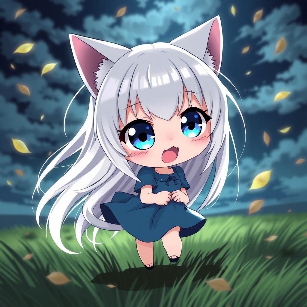 Adorable Anime Catgirl in Windy Autumn Field