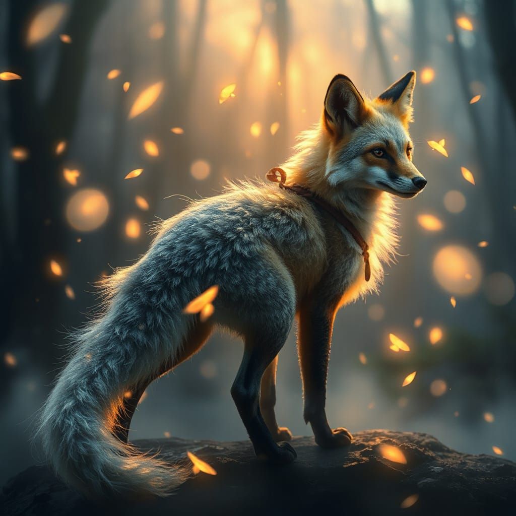 Mystical Fox in Twilight Forest with Firefly Sparks