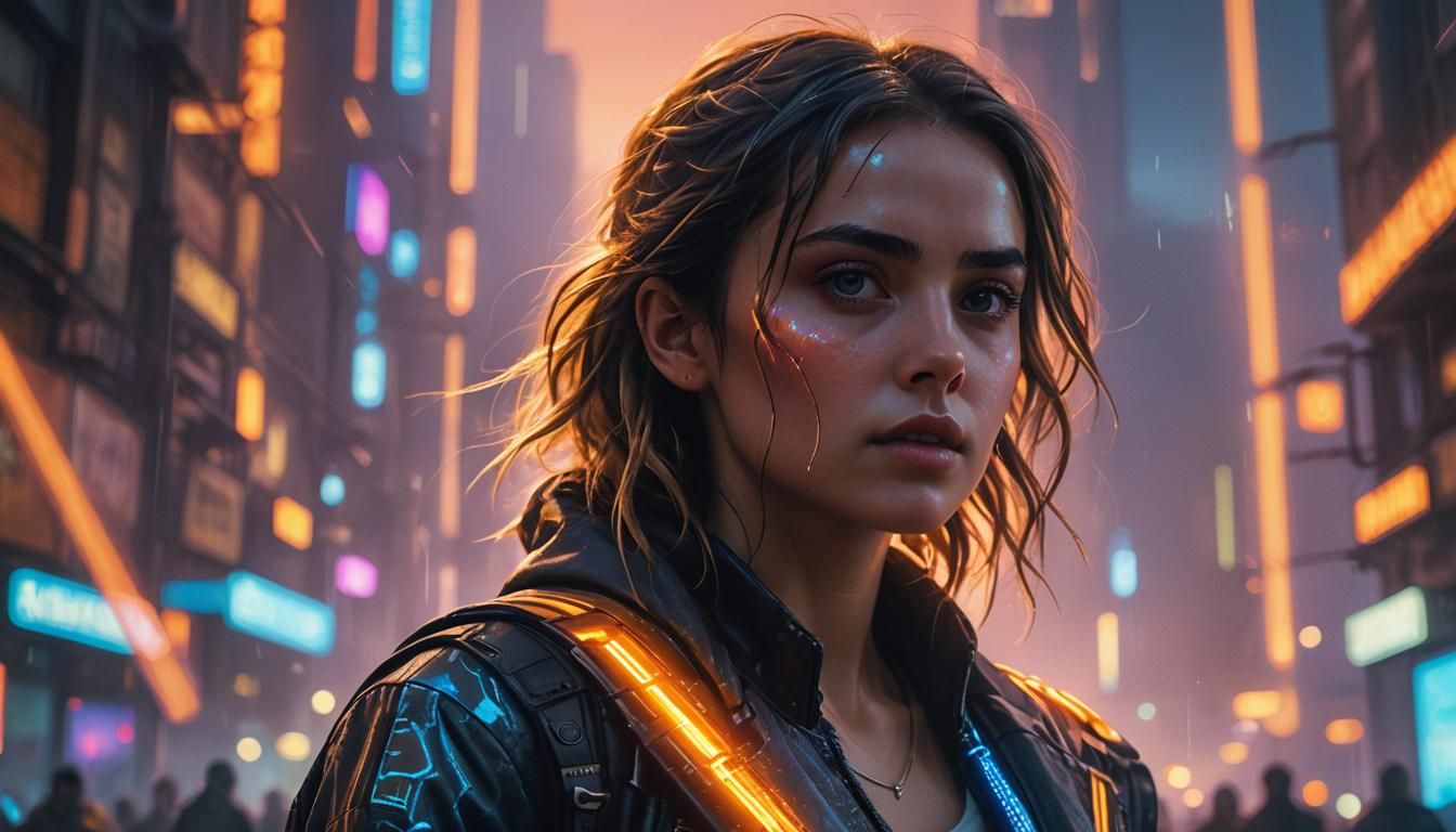 Replicant in Dystopian Cityscape at Sunset