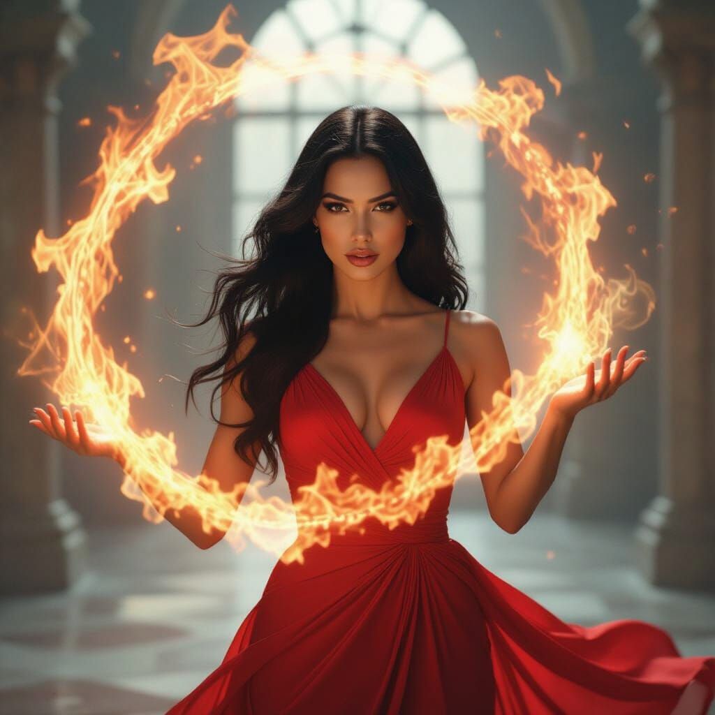 Woman in Red Dress Practicing Powerful Magic