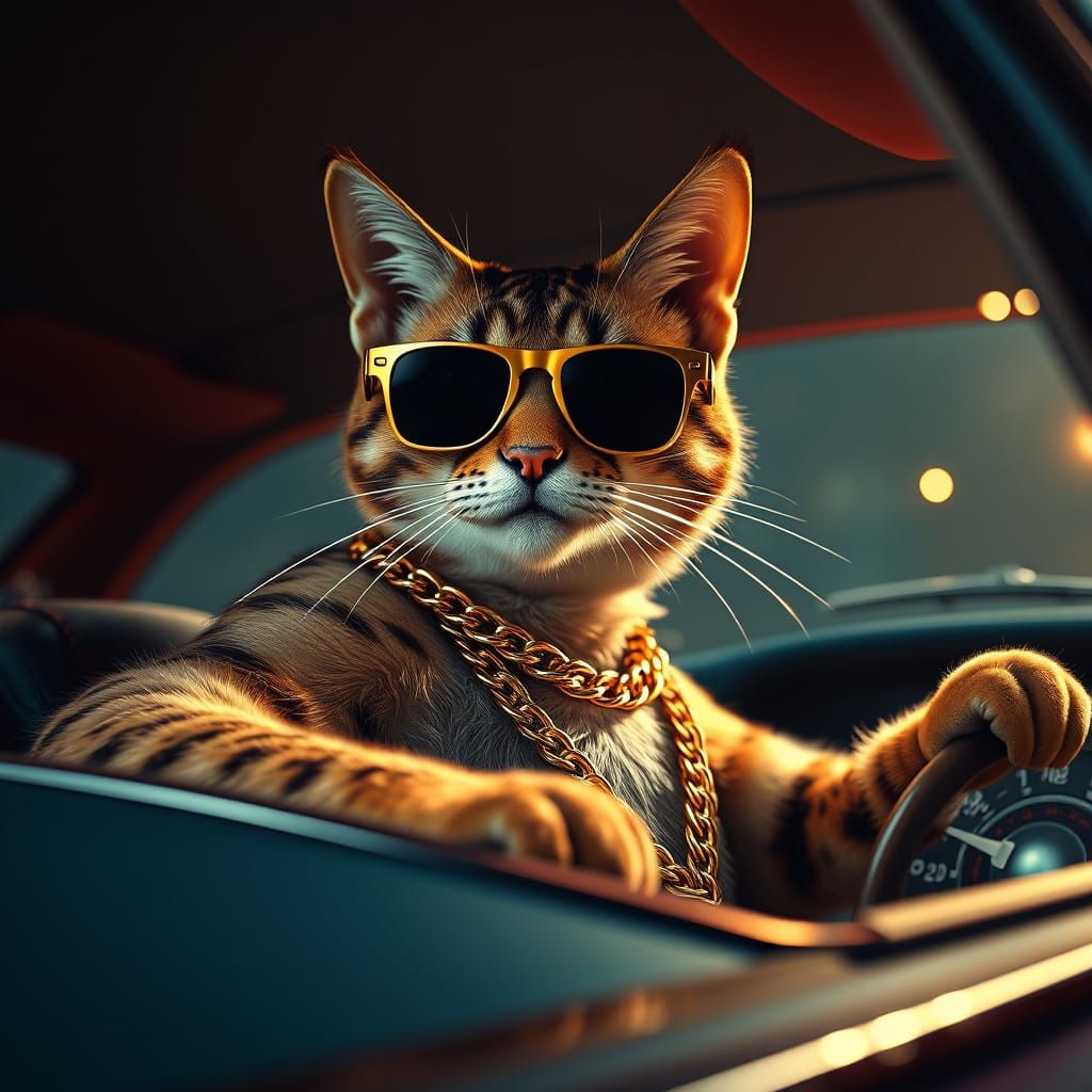 a cool cat riding in a lowrider with sunglasses and a chain ...