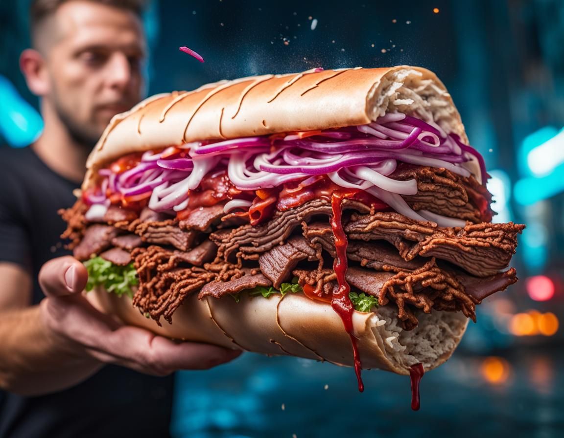 Surreal Doner Kebab with Man in Cyberpunk Style