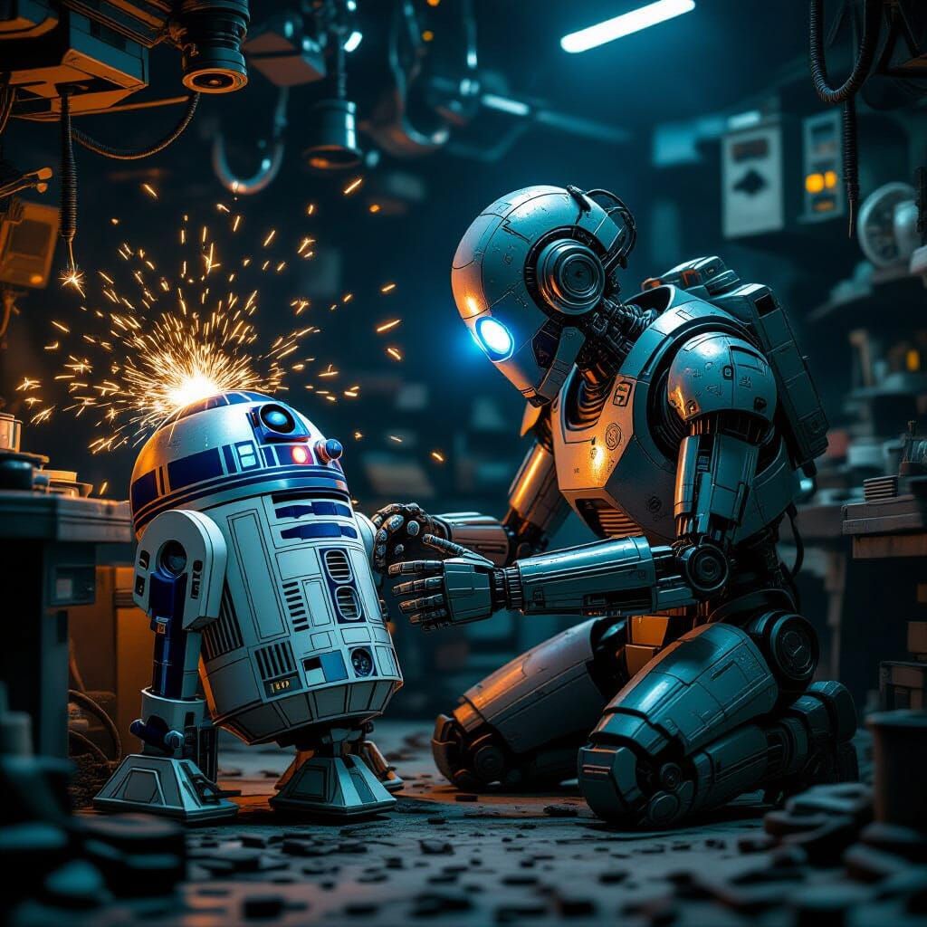 Robot Engineer Repairs Astromech Droid in Workshop