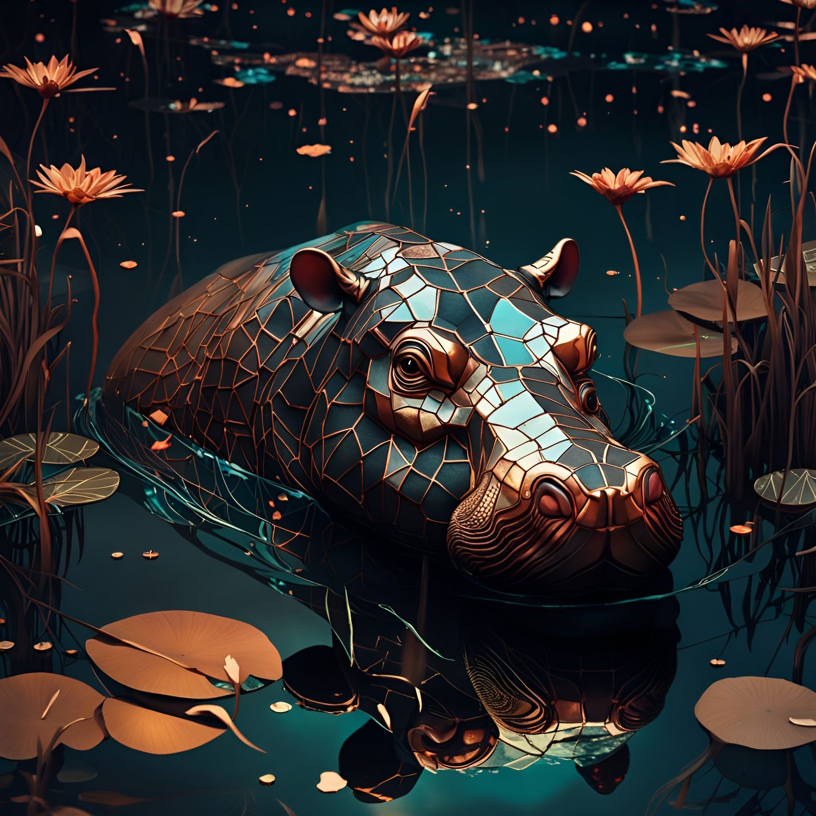 Baby Hippo in Pond with Bronze Filigree