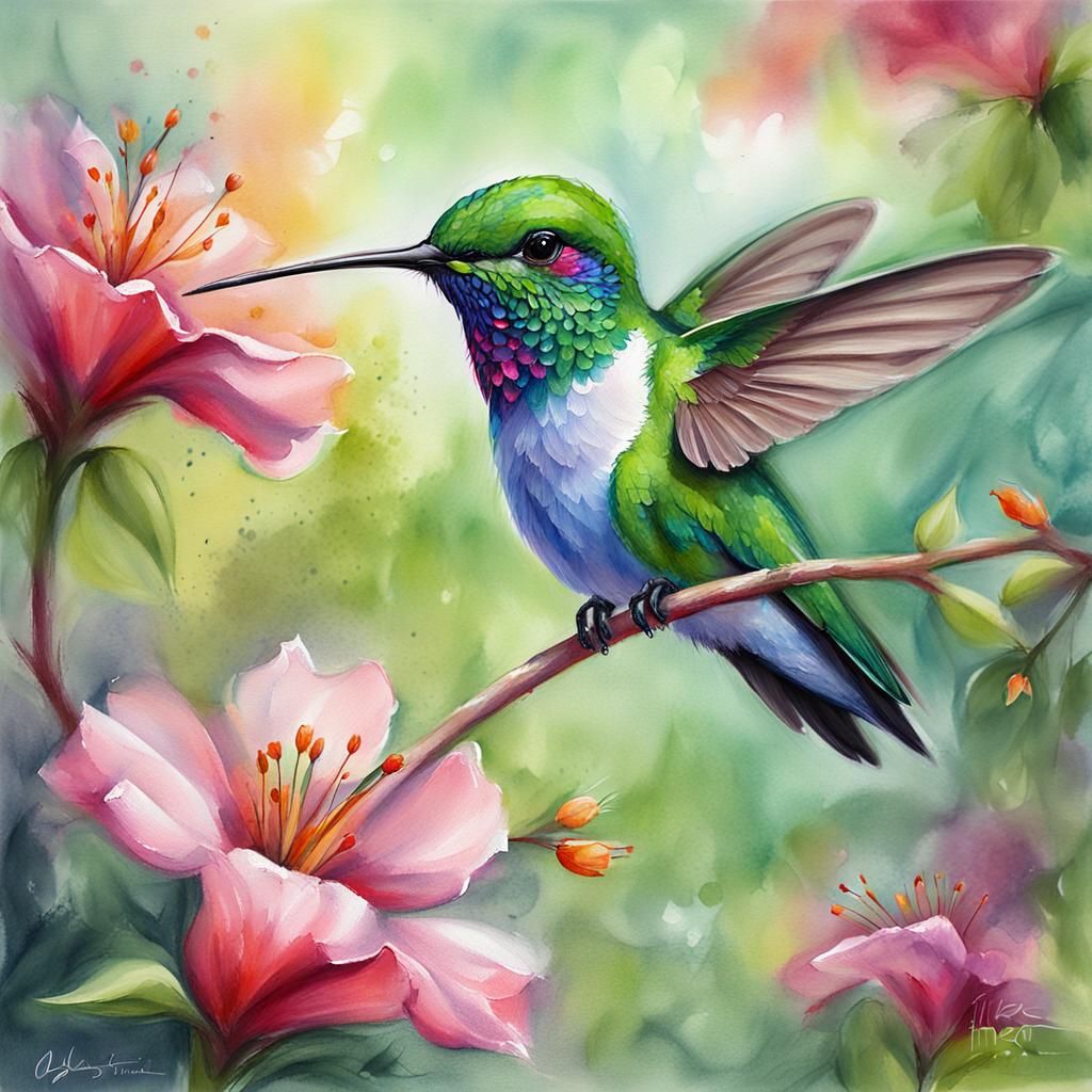 Hummingbird in Spring Floral Scene